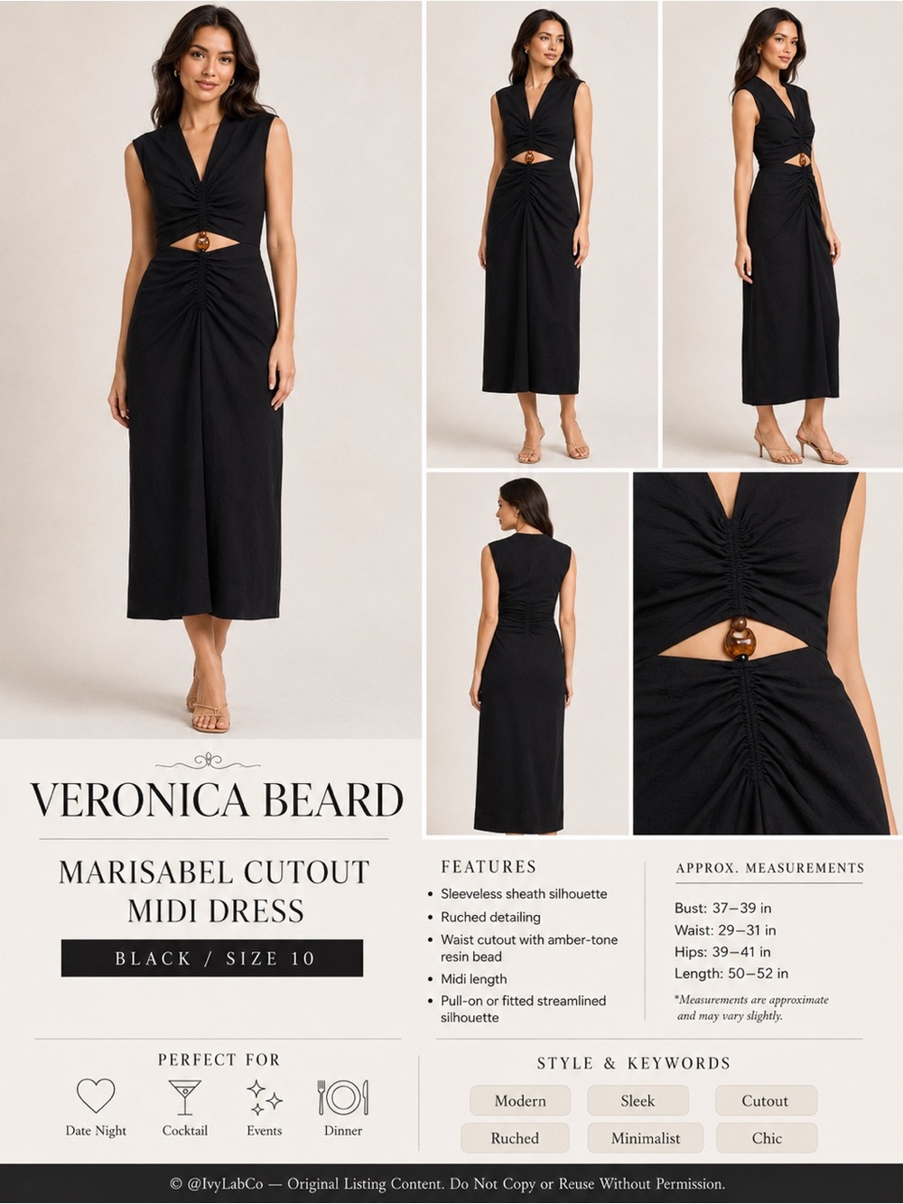 Veronica Beard Marisabel Cutout Midi Dress Black Ruched Resin Bead Size 10